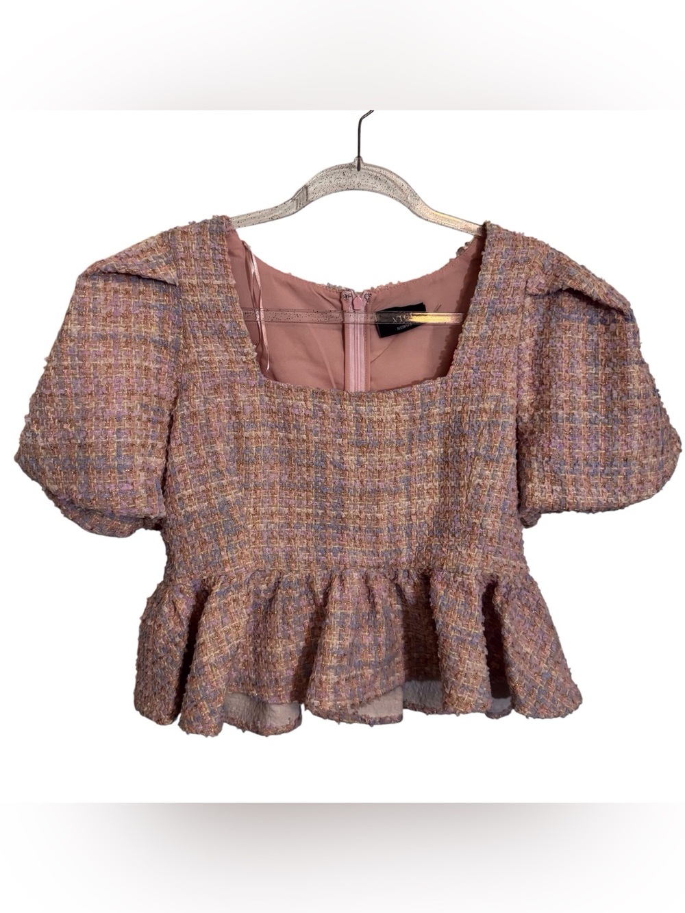 Vici Medium Pink Tweed Happy Place Top Puff Sleeve Blouse Peplum Cropped